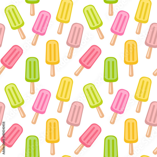 Multi-colored popsicles on a white background, seamless vector pattern, sweet food background, textile print, wallpaper, packaging.