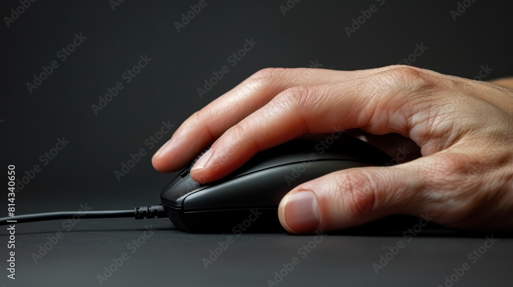 Palms grasp the ergonomic mouse of a desktop computer, clicking and scrolling through digital content. Palms grasp the ergonomic mouse of a desktop computer, clicking and scrolling through digital content.