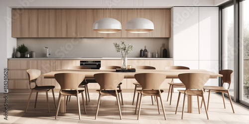 A Scandinavian style dining chairs around a sleek wooden table  set against a backdrop of a modern kitchen.