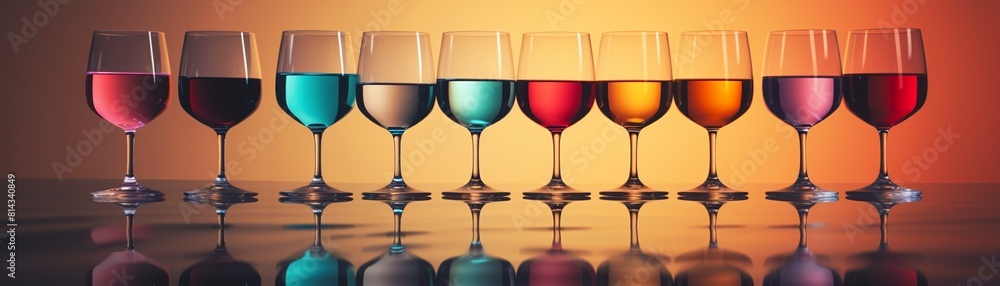 A variety of alcoholic beverages of different colors in wine glasses. A variety of alcoholic beverages of different colors in wine glasses.