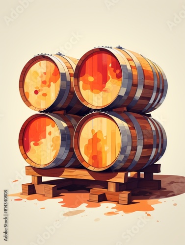 The image shows a stack of four wooden barrels on a wooden platform. The barrels are leaking a red liquid, which is pooling on the ground. photo
