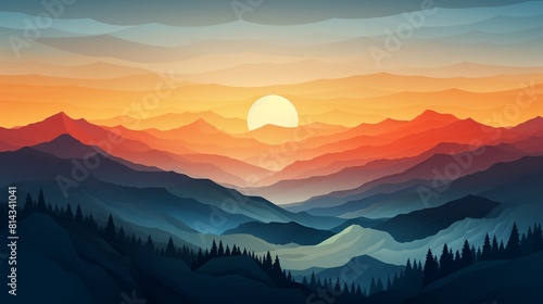 The image shows a beautiful mountain landscape with a vibrant sunset