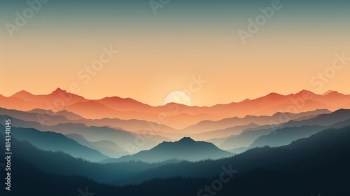 The image shows a beautiful mountain landscape with a vibrant sunset. The sky and mountains are painted in warm shades of pink  orange  and yellow.