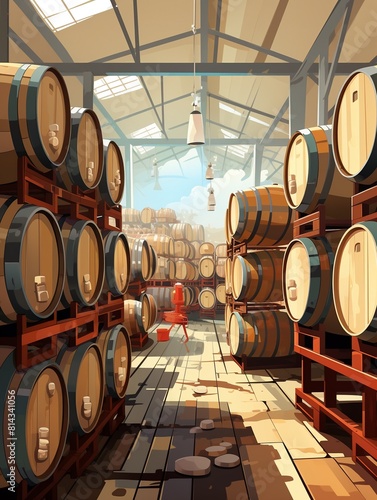The image shows a large, wooden warehouse filled with barrels of wine. photo