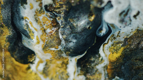 Ink spill. Glitter fluid mix. Defocused black white gold yellow color shimmering wet paint flow bokeh light marble texture abstract art background.