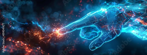 Hand touching a futuristic digital interface  symbolizing connections in cyberspace with holograms and AI technology  highlighting concepts of innovation  communication  and global networking.