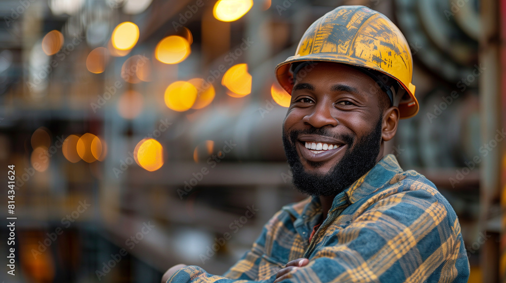 Man in hard hat is outdoors against sunset light. Rural scene. Man in hard hat is outdoors against sunset light. Rural scene.