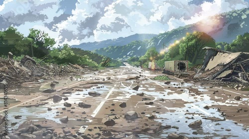 The view of the flood disaster has left the roads filled with stones. cartoon and anime style. 4k animated videos run smoothly and repeatably photo