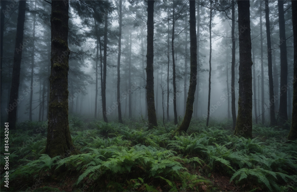 A thick morning fog envelops the forest, Generative AI