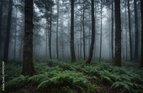 A thick morning fog envelops the forest, Generative AI