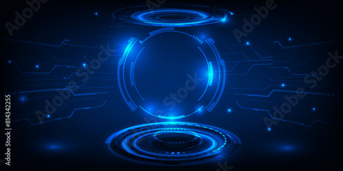  Futuristic digital technology stage layout for showcase with neon blue futuristic pedestal or stage.Future tech design concepts.Vector illustrations