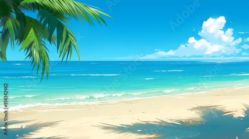 Whimsical illustration of a tropical beach scene
