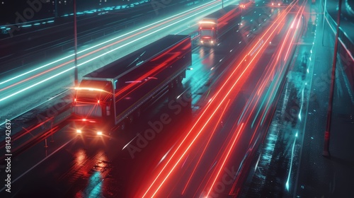 Trucks on highway, street in night time. Motion blur, light trails. Transportation, logistic. Time lapse, hype lapse of transportation. Abstract soft glowing lines. 