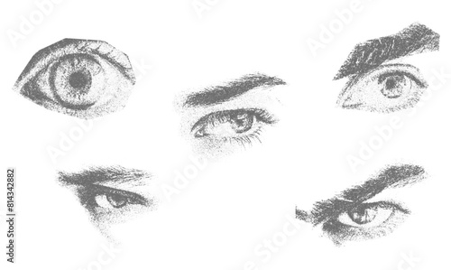 monochrome vector eye eyebrows sight staring in mezzotint photocopy effect, for grunge punk y2k collage design. retro elements. brutalist vintage illustration music poster.