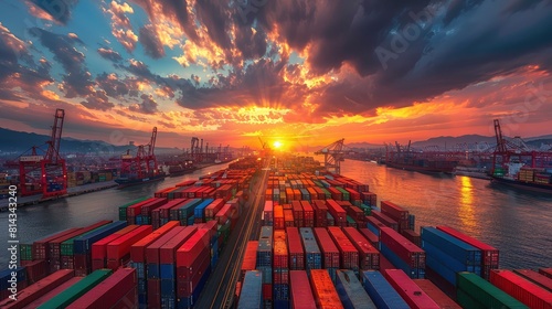 The sun sets over a bustling industrial shipping port, loaded with colorful containers and cranes, highlighting global trade. generative ai 