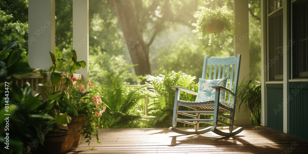A Vintage wooden rocking chair on a sunlit porch, surrounded by lush greenery. 