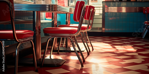 Vintage metal folding chair at a retro diner  with checkered floors and neon signs creating a nostalgic ambiance.