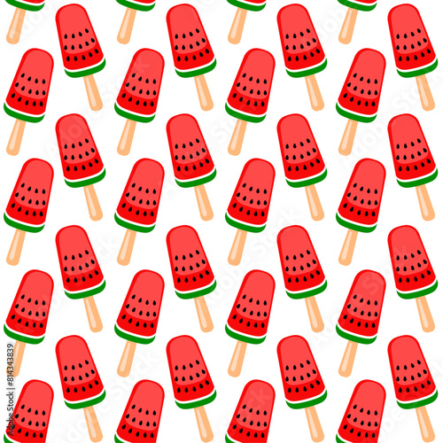 Popsicle ice cream with watermelon taste seamless vector pattern, colorful summer background, textile print, wallpaper, packaging.