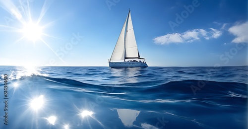  A sailboat on the open sea with a clear blue sky and sunlight in the background. white boat on blue sea 