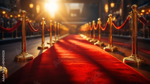 Red carpet with golden stanchions and lights at night Luxury event concept (4) photo