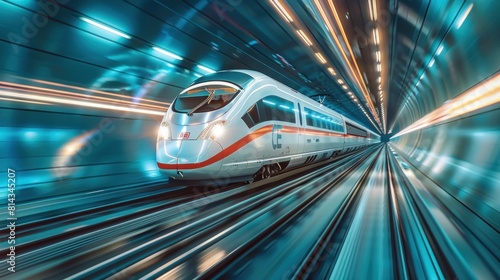 Futuristic high-speed train moving through a digitally enhanced tunnel, showcasing modern transportation technology photo