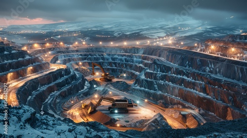 A photorealistic night scene of an open-pit mine with excavators under floodlights
