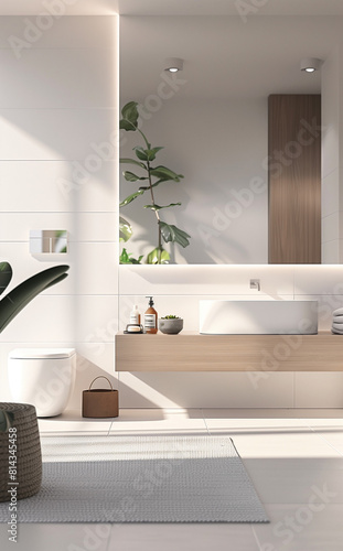 Modern bathroom with clean lines and neutral tones in Scandinavian simplicity style  featuring soft white walls. 