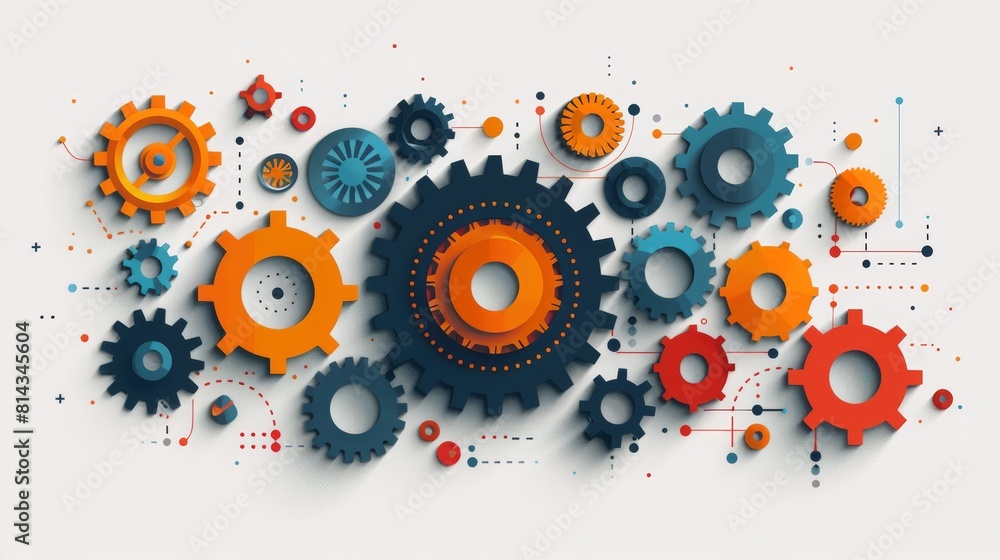 A minimalist graphic showing a series of gears and cogs in perfect harmony A minimalist graphic showing a series of gears and cogs in perfect harmony