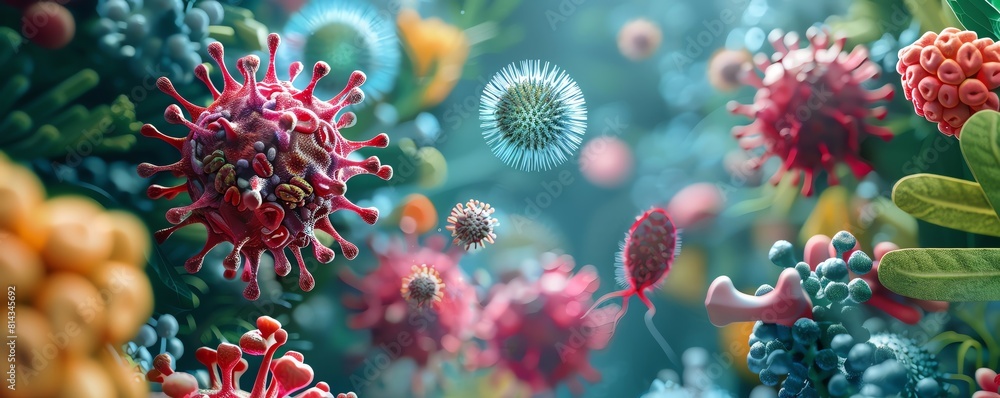 Obraz premium A ing of a colorful and detailed microscopic world, full of microorganisms, bacteria, and other tiny organisms.