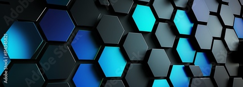 Hexagonal honeycomb abstract blue green background with blue lines creating geometric 3D illustration horizontal banner wallpaper. On a dark background banner. Generative AI