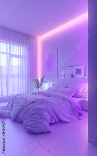 Modern white bedroom with purple lighting in the style of glitch aesthetic, featuring confessional, grid, and tinycore elements.
 photo