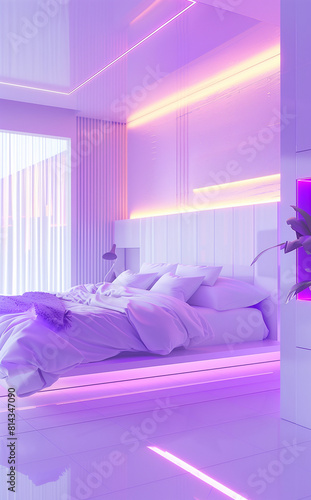 Modern white bedroom with purple lighting in the style of glitch aesthetic  featuring confessional  grid  and tinycore elements. 