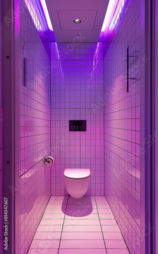 Modern white restroom with purple lighting in the style of glitch aesthetic, featuring confessional, grid, and tinycore elements.
 photo