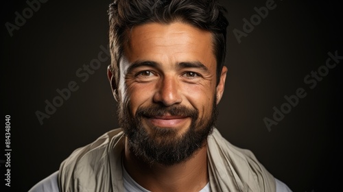 portrait of happy young muslim man on gray background.
