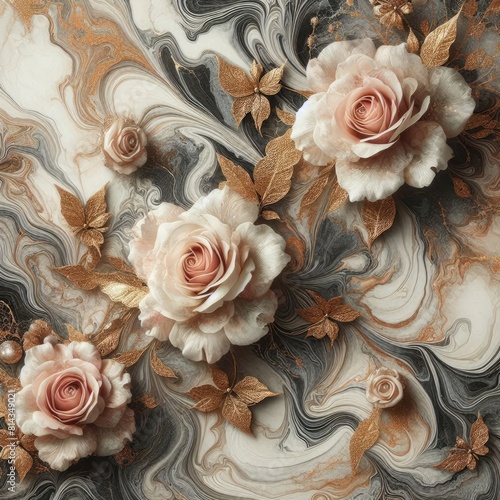 artwork that combines the ethereal beauty of blooming roses with the intricate, marbled patterns and golden accents, capturing the essence of elegance and luxury