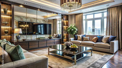 Luxury living room setup with a hidden TV behind a mirrored panel and velvet upholstery.