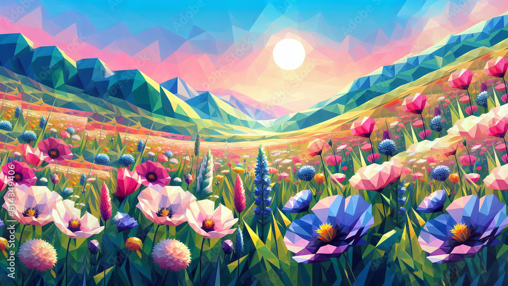 Fototapeta premium low-poly vector style illustration of beautiful flowers in a field, spring or summer time
