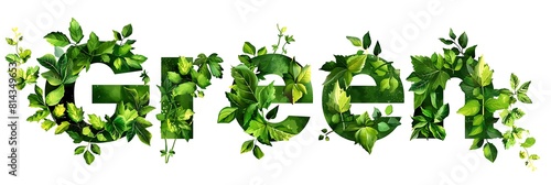 The word  Green  made of leaves  in the style of illustration on a white background 