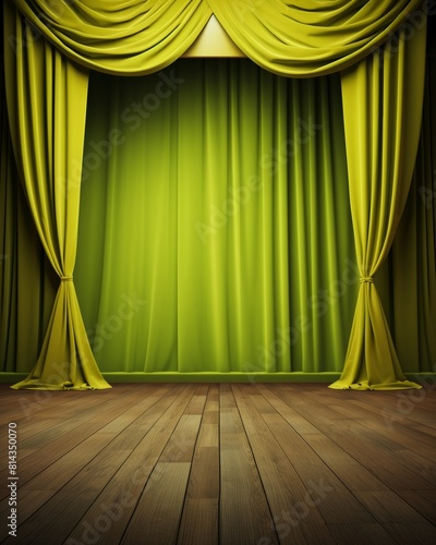 Green velvet curtains open to reveal a bare stage. photo