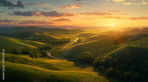 Breathtaking Sunset Overlooking Serene Countryside with Winding River and Undulating Hills