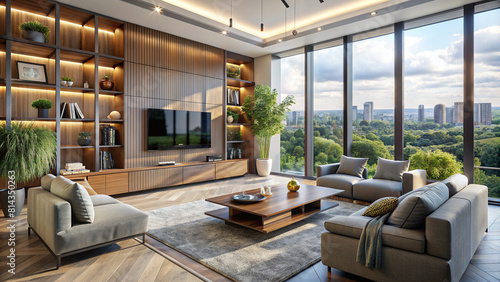 Stylish lounge area with a custom-made TV stand and floor-to-ceiling windows.