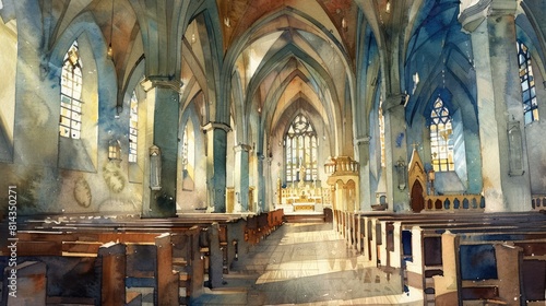 Watercolor Catholic Church Aisle Painting