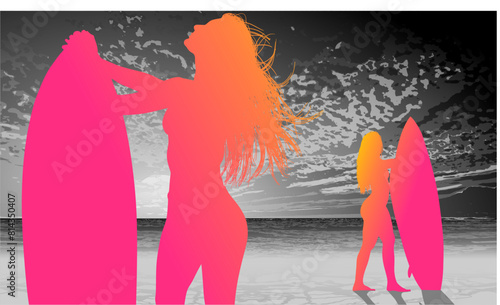 surfistas, contraluz, vector, tabla, surf, mar, atardecer, mujer surfista, silueta, tablista, ilustracion, arte surf, rosa, surfista en la playa, chica surf, mujer