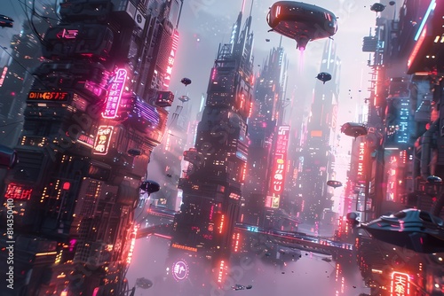 Futuristic Cityscape with Hovering Vehicles and Neon-Lit Skyscrapers in a Dynamic 3D Visualization
