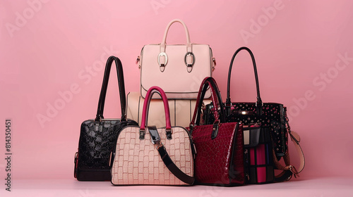 A collection of stylish handbags arranged neatly against a soft pink backdrop, showcasing their intricate designs and luxurious textures photo