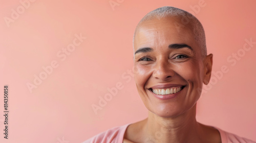 A woman with a shaved head is smiling  cancer patient with chemotherapy