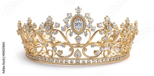 Golden royal crown with diamonds on white background