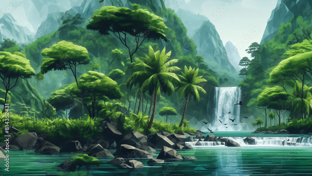 low-poly vector style illustration of gorgeous waterfalls in the jungle