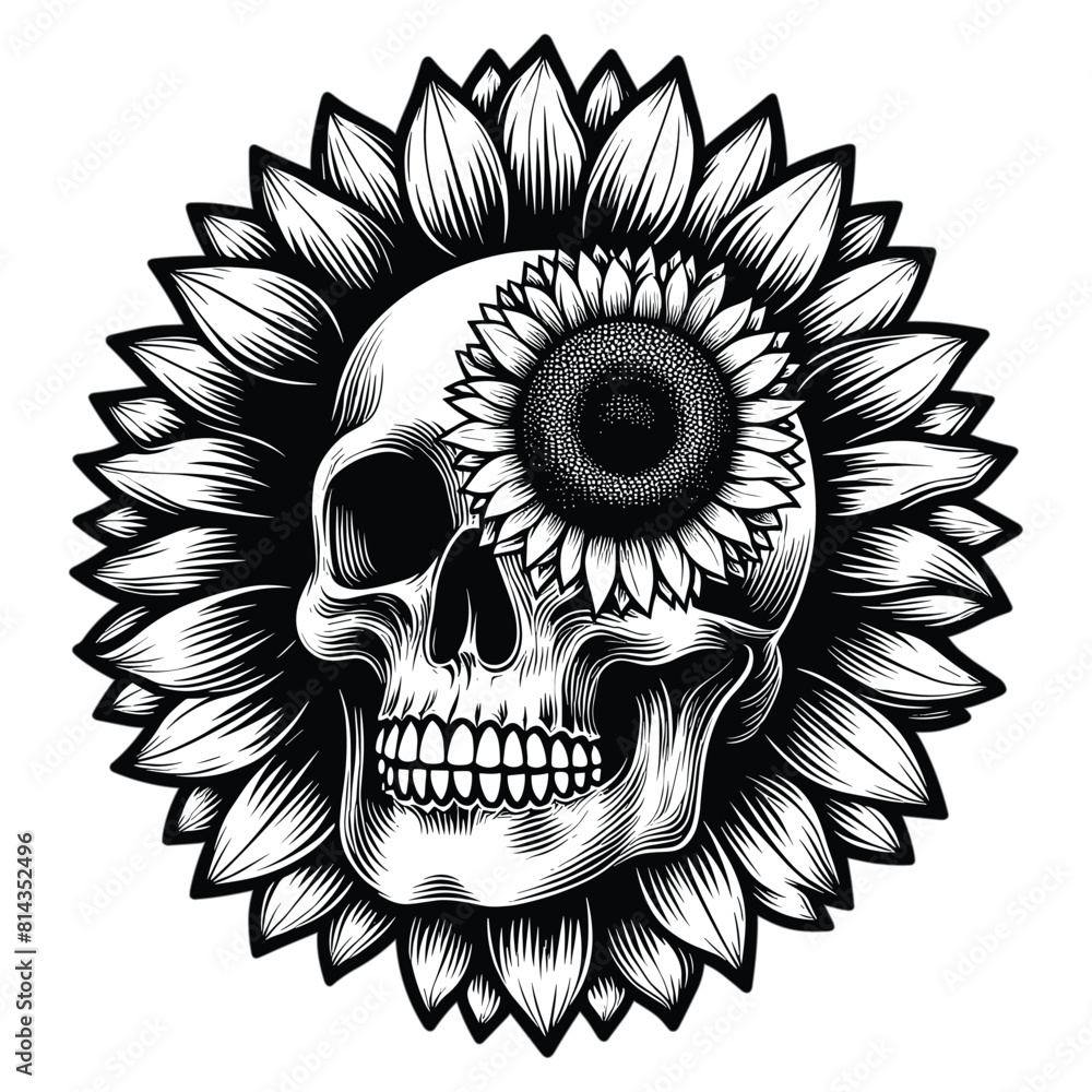 Fototapeta premium The skull head is in the shape of a sunflower