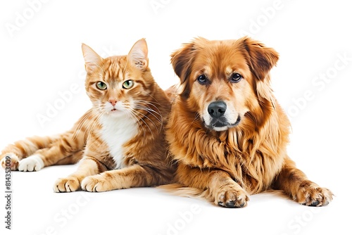 Cute cat and dog sitting together on a white background 